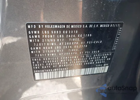 2018 Volkswagen Tiguan 2.0T Se/2.0T Sel из США, поврежденный, VIN 3VV2B7AXXJM020392